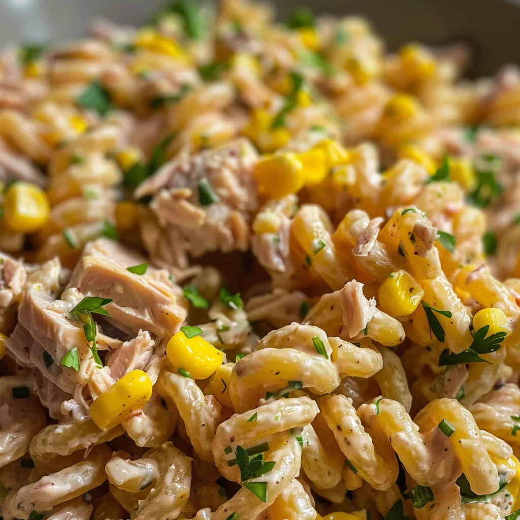 A close-up view of a colorful tuna pasta salad with sweet corn and diced bell peppers.