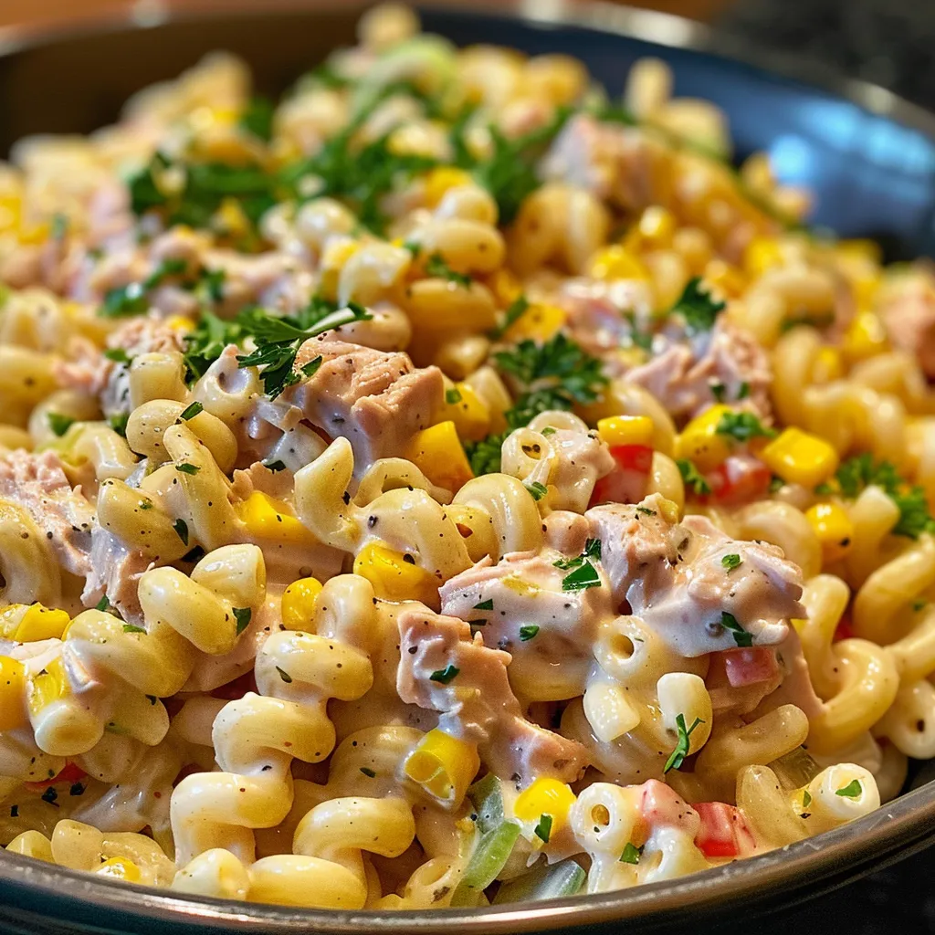 Side view of a vibrant tuna pasta salad featuring elbow macaroni, sweet corn, and parsley.