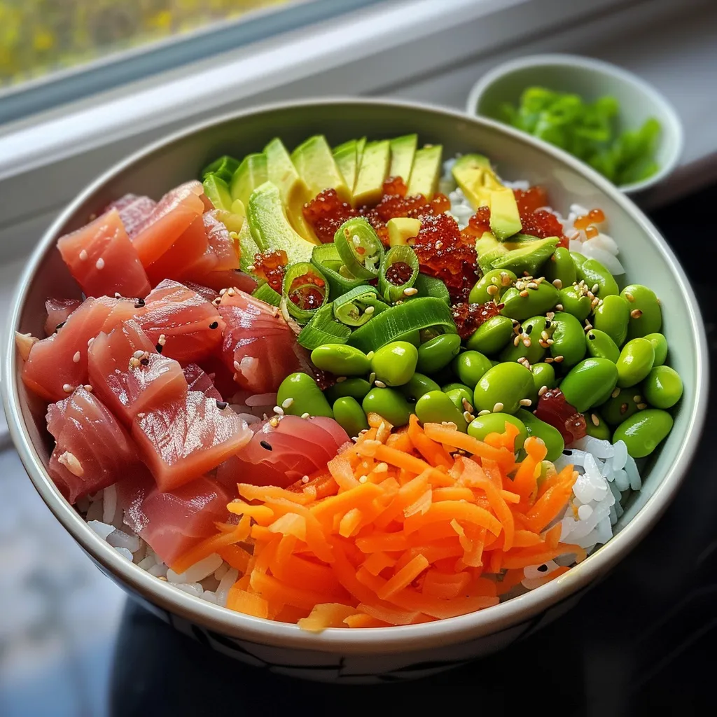 A close-up view of a Tuna Sushi Bowl with vibrant ingredients neatly arranged.