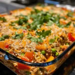 Close-up of a vibrant turkey and veggie rice casserole in a baking dish.