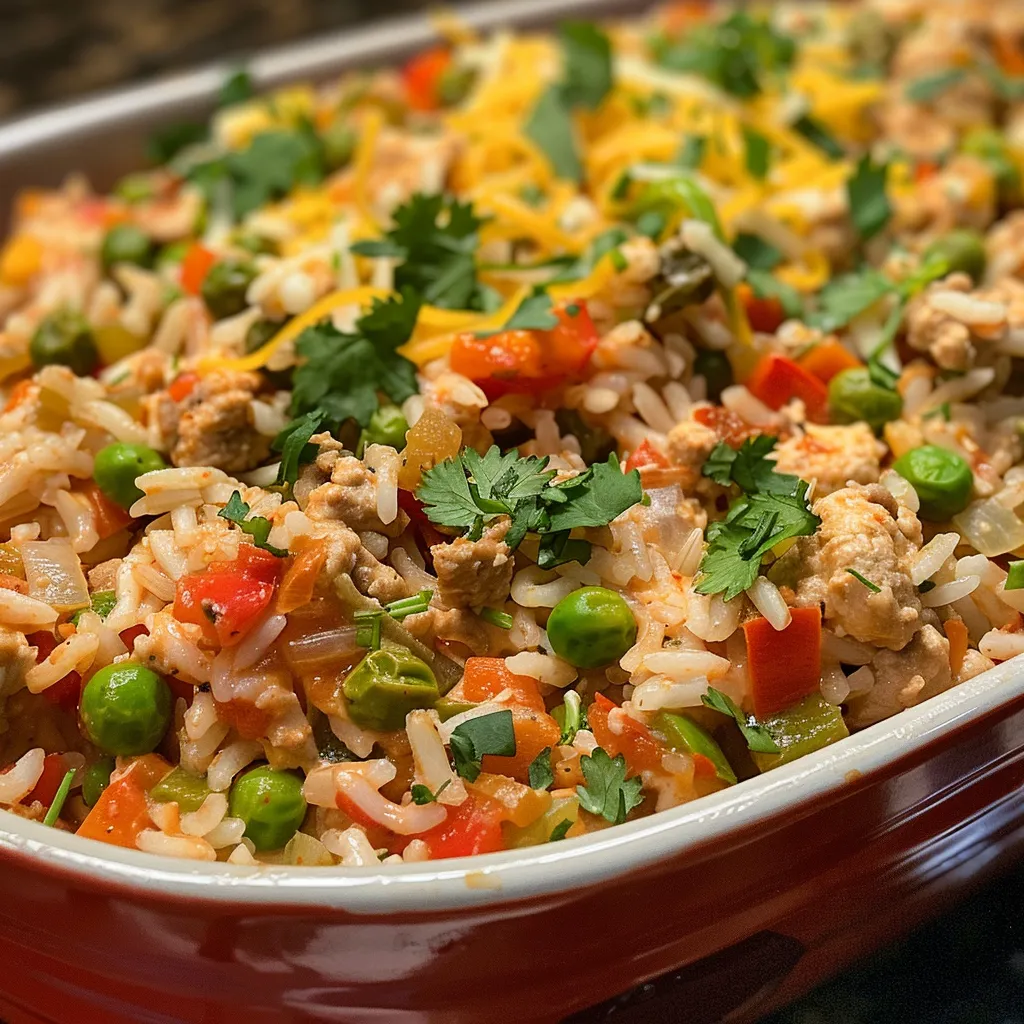 Side view of a steaming turkey and vegetable rice casserole, showcasing layers of ingredients.