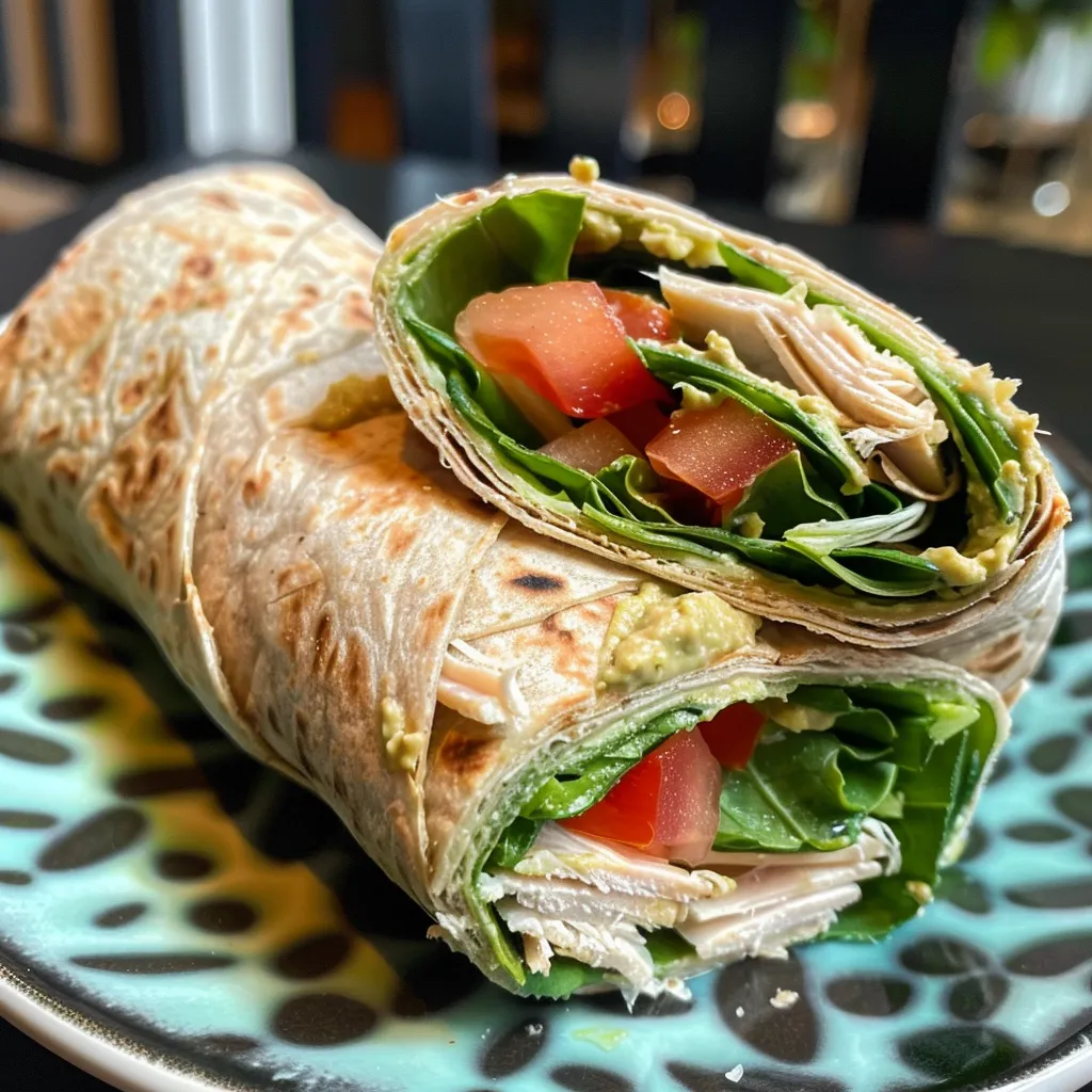 Side view of a juicy Turkey Hummus Wrap filled with fresh ingredients.