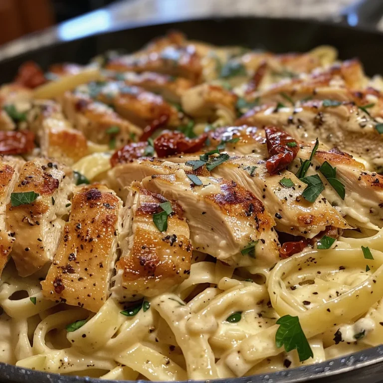 A close-up view of Tuscan Chicken Pasta, showcasing diced chicken, sun-dried tomatoes, and fresh spinach mixed with penne pasta.