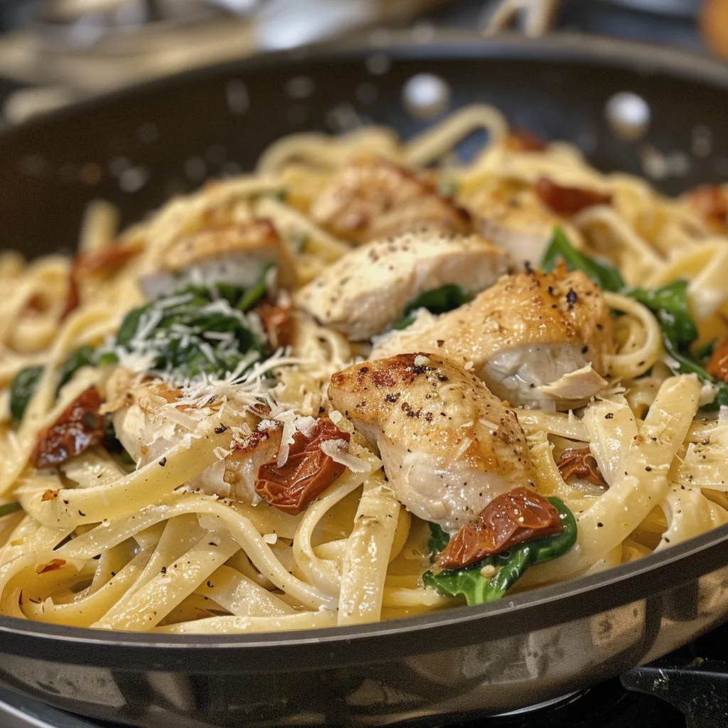 Detailed shot of a bowl of Tuscan Chicken Pasta, highlighting creamy sauce, chicken pieces, and vibrant herbs.