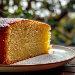 A side view of a Vanilla Bean Tea Cake, showcasing a golden crust and glossy glaze.