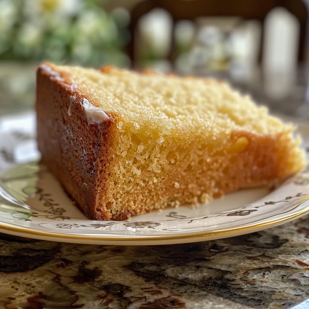 Close-up image of a slice of Vanilla Bean Tea Cake with a shiny glaze, revealing its moist texture.