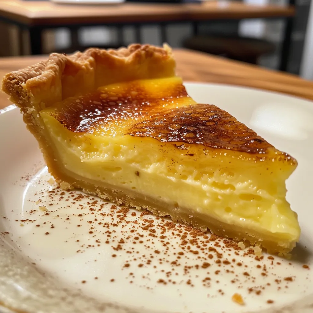 Delicious vanilla cardamom custard tart resting on a floured surface with a slice cut out.