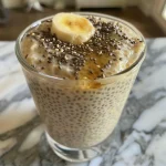 Close-up view of creamy vanilla chia pudding topped with a sprinkle of chia seeds.