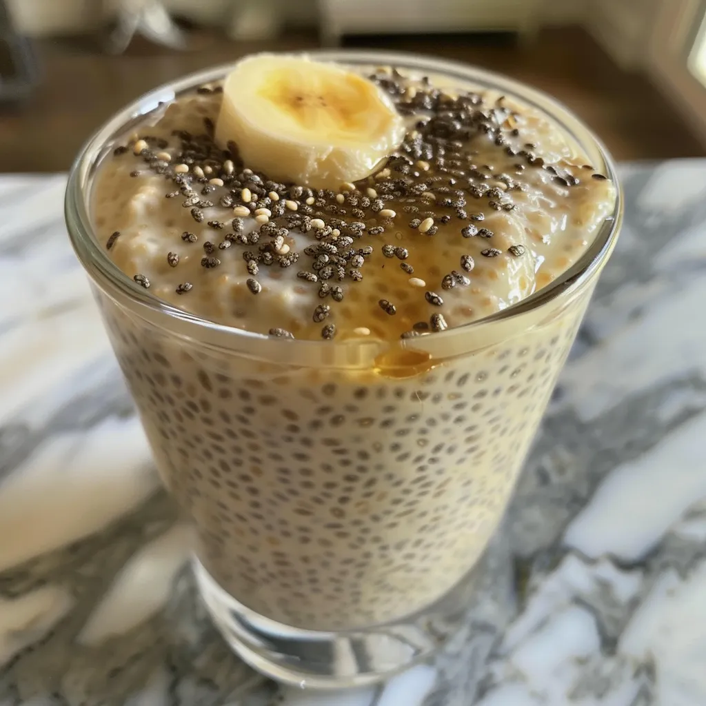 Close-up view of creamy vanilla chia pudding topped with a sprinkle of chia seeds.