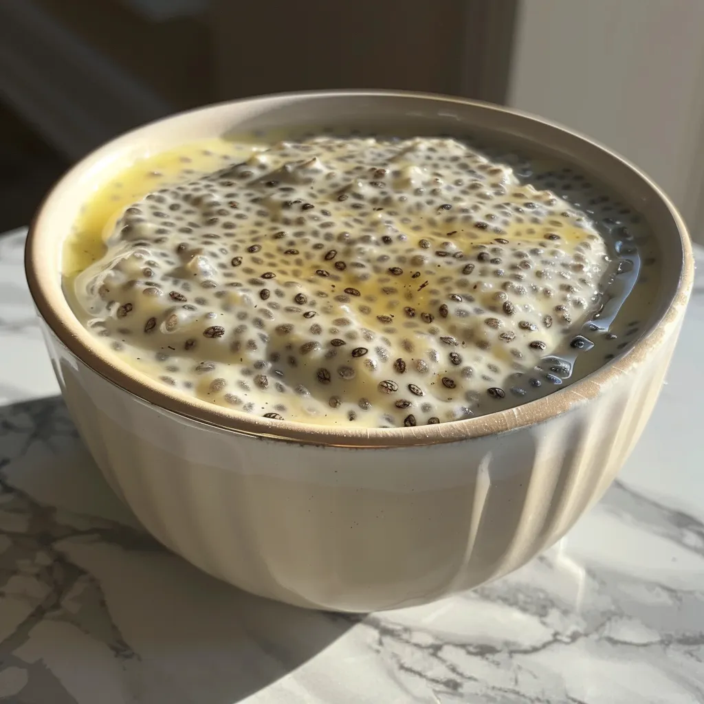 Side view of vanilla chia pudding in a glass, showcasing its smooth texture and layered appearance.