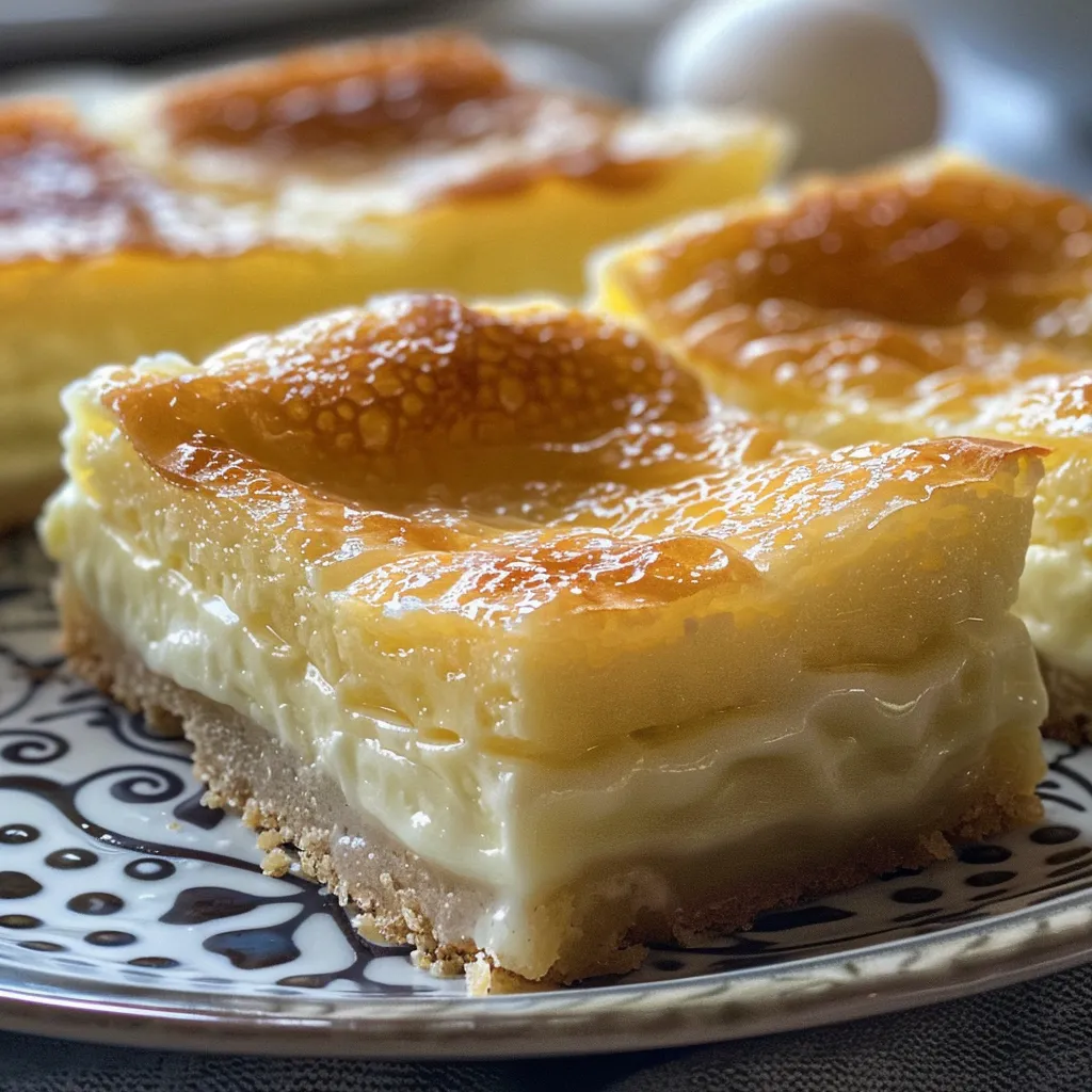 Side view of a slice of Vanilla Custard Cream Squares showcasing layers of custard and pastry.