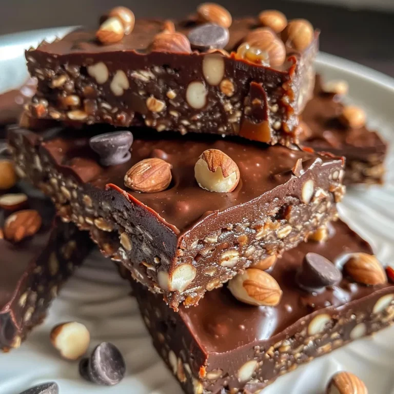 Indulge Guilt-Free Whip Up Your Own Vegan Ferrero Rocher Protein Bars! Close-up view of Vegan Ferrero Rocher Protein Bars, showcasing a rich, shiny chocolate coating and visible hazelnuts.