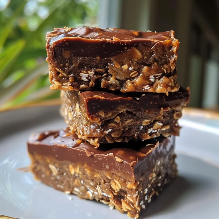 Close-up side view of a stacked vegan chocolate peanut butter oatmeal bar drizzled with chocolate.