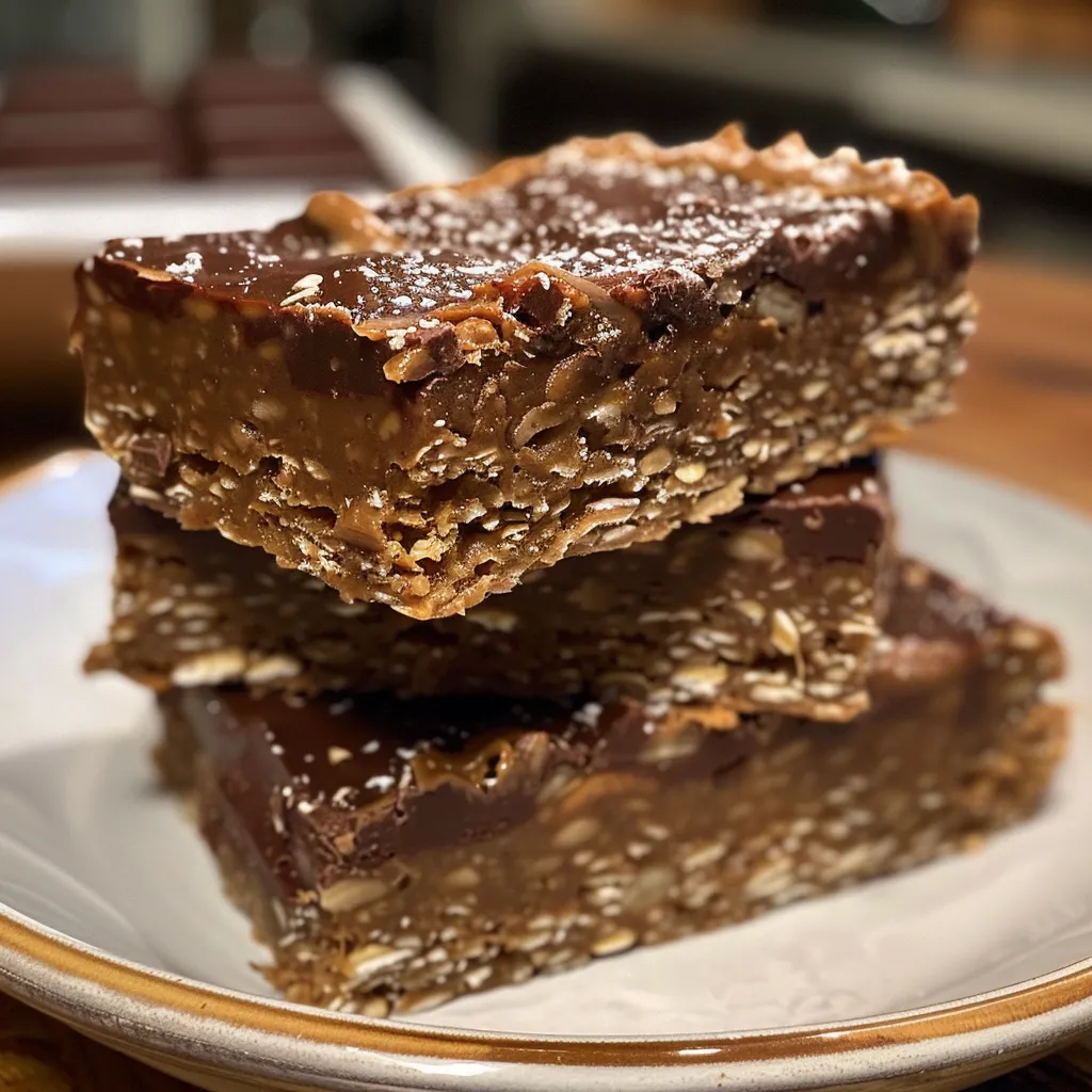 Side angle photo of delicious vegan no-bake oatmeal bars topped with a sprinkle of sea salt.