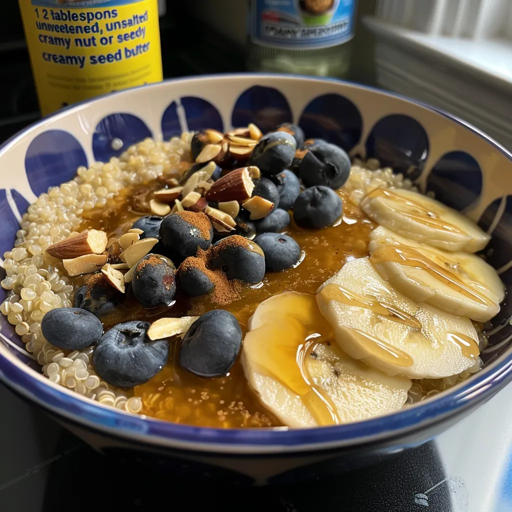 Side view of a delicious quinoa breakfast bowl garnished with cinnamon and maple syrup.
