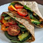 Close-up view of vibrant vegan veggie wraps filled with fresh ingredients.