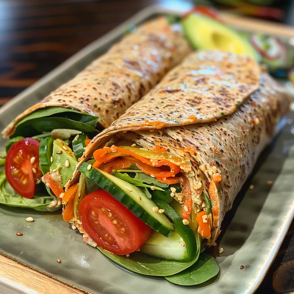 Side view of colorful vegan wraps showcasing various vegetables and hummus.