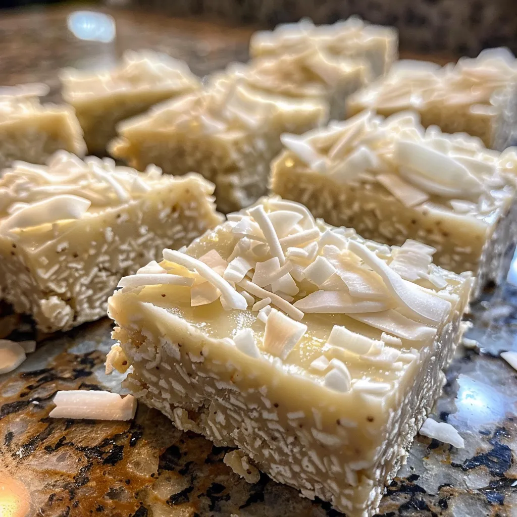 Side view of a delicious White Chocolate Coconut Protein Bar coated in melted white chocolate.