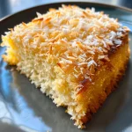 A close-up side view of a Yogurt Coconut Cake with a golden-brown crust and shredded coconut topping.
