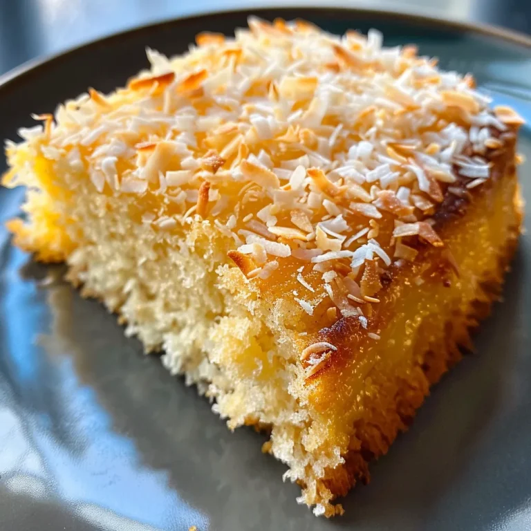 A close-up side view of a Yogurt Coconut Cake with a golden-brown crust and shredded coconut topping.