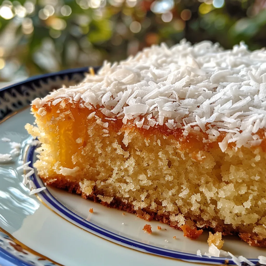 A detailed shot of a Yogurt Coconut Cake showcasing its moist texture and coconut flakes.