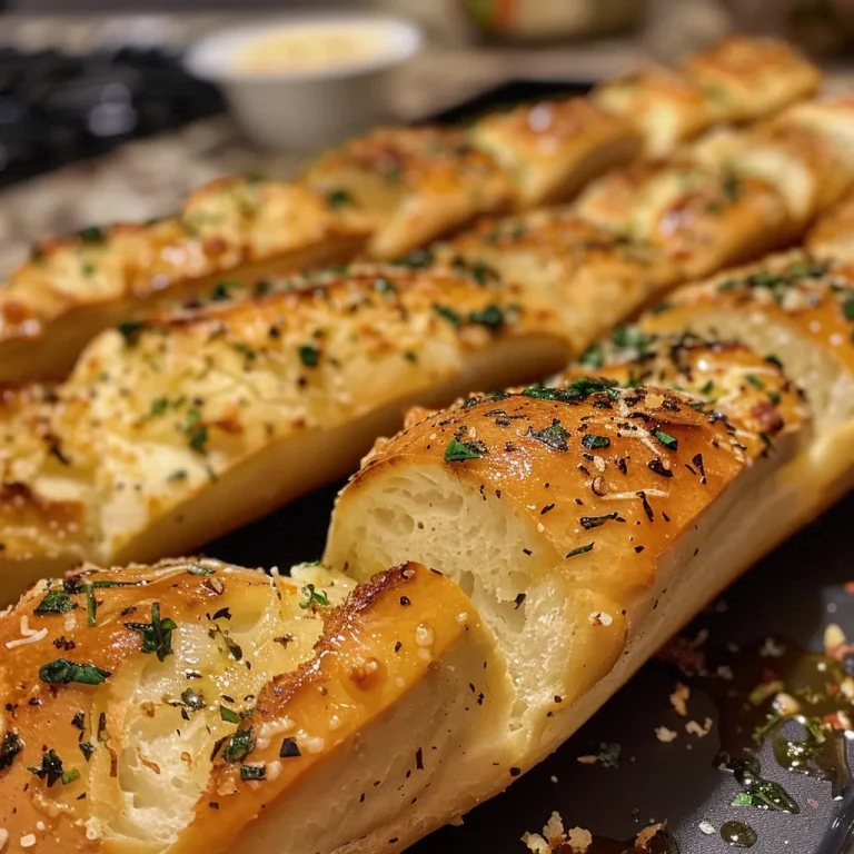 Close-up of golden garlic bread with melted butter and parsley.