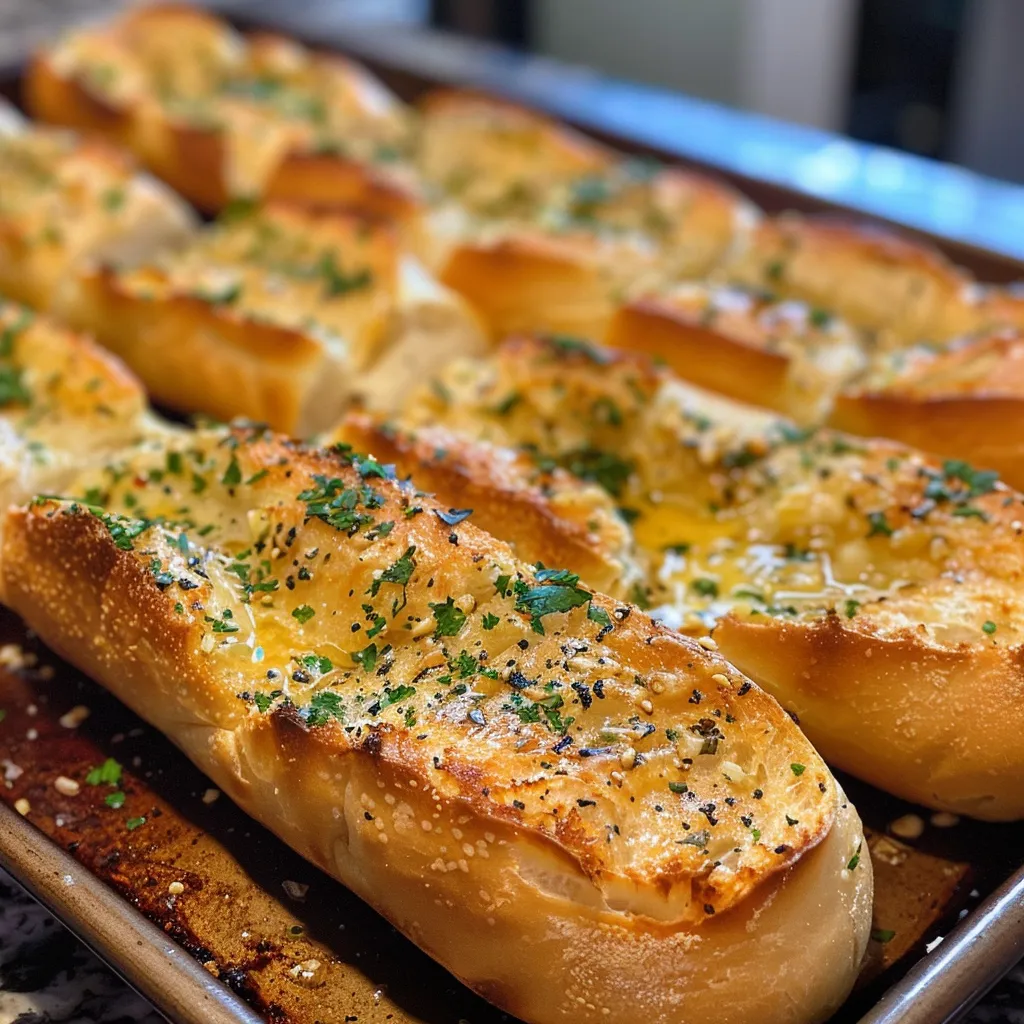 Side view of freshly baked garlic bread, showcasing its crusty texture.