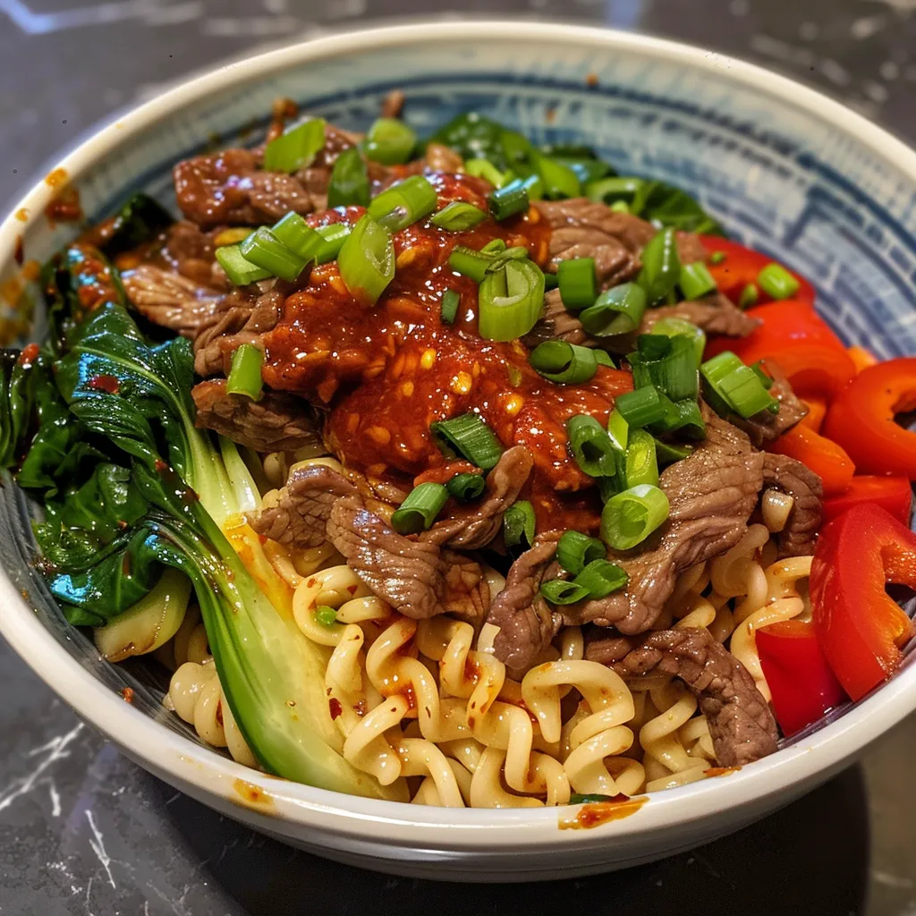 A close-up view of a bowl filled with chili-garlic beef noodles, showcasing vibrant vegetables and juicy beef strips.