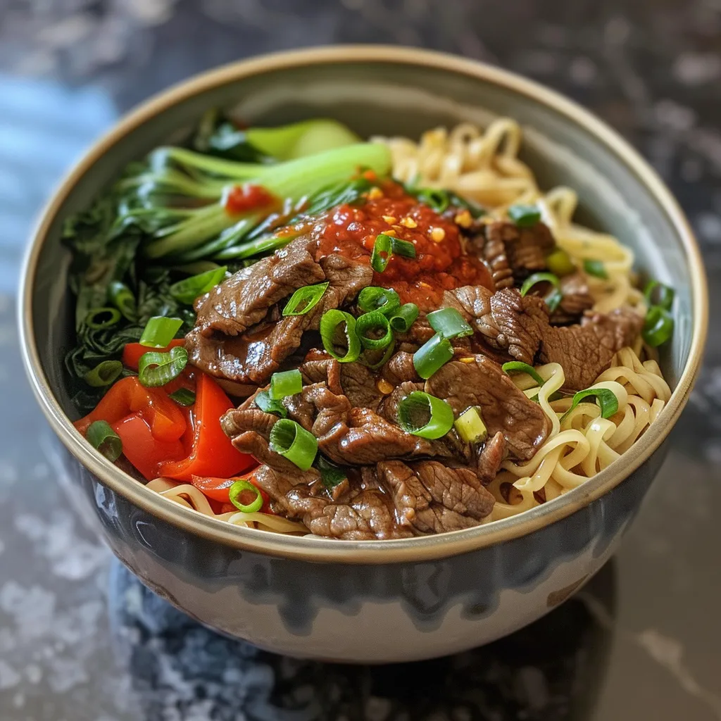 A side view of a noodle bowl with beef, colorful bell peppers, and bok choy, garnished with green onions.