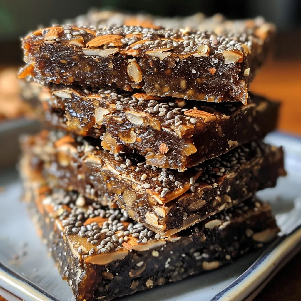 Side profile of delicious almond date energy squares with a glossy finish and visible almond chunks.