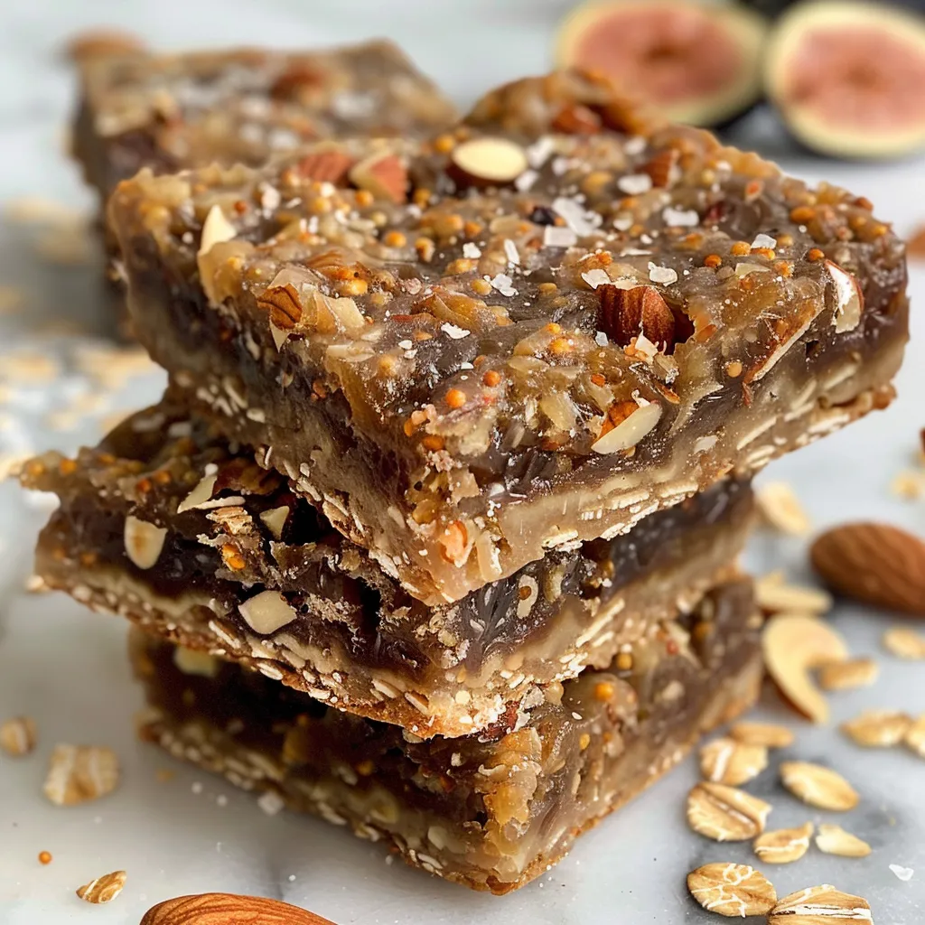 A detailed shot of chewy Almond Fig Energy Squares featuring chopped almonds and dried figs.