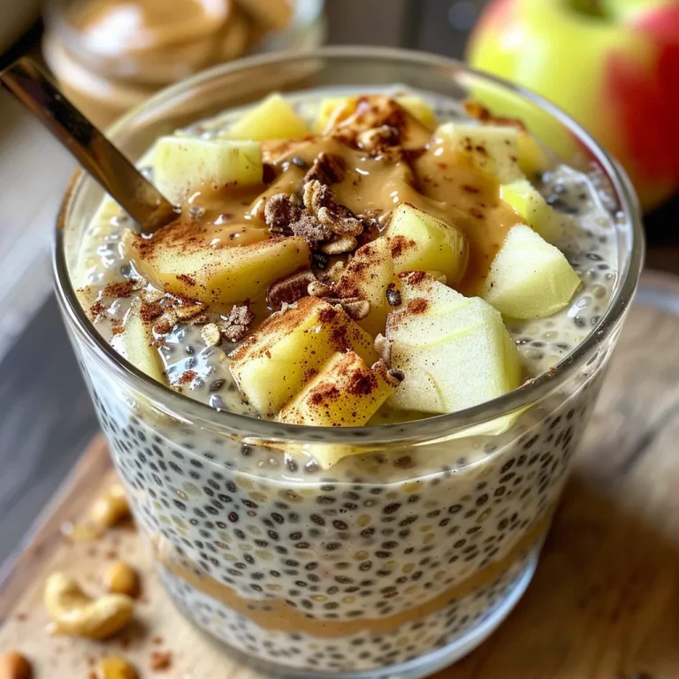 Whip Up a Wholesome Delight Apple Chia Pudding with Peanut Butter Close-up view of creamy apple chia pudding topped with peanut butter.