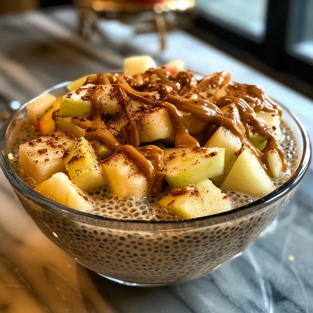 Side view of a bowl filled with apple chia pudding and a drizzle of peanut butter.