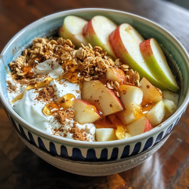 Close-up of a colorful Apple Cinnamon Yogurt Bowl with apple slices and granola.