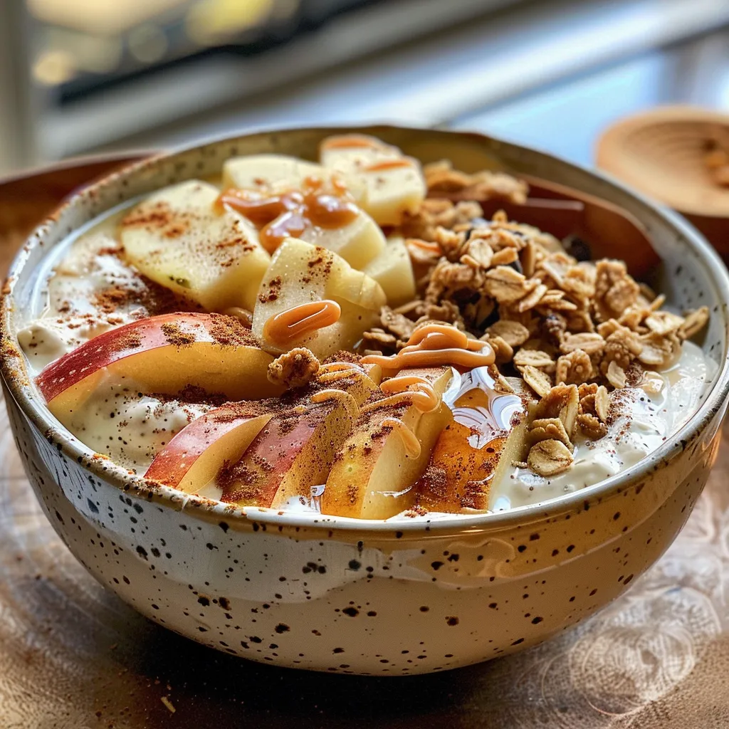 Side view of a creamy yogurt bowl topped with cinnamon, apple slices, and peanut butter.