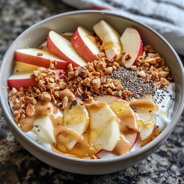 Close-up of a creamy apple peanut butter yogurt bowl with apple slices and nuts.