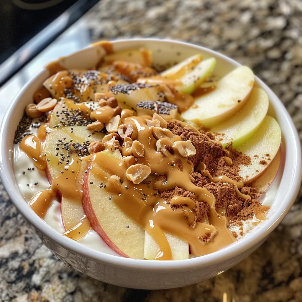 Side view of a vibrant yogurt bowl featuring fresh apple slices and peanut butter.