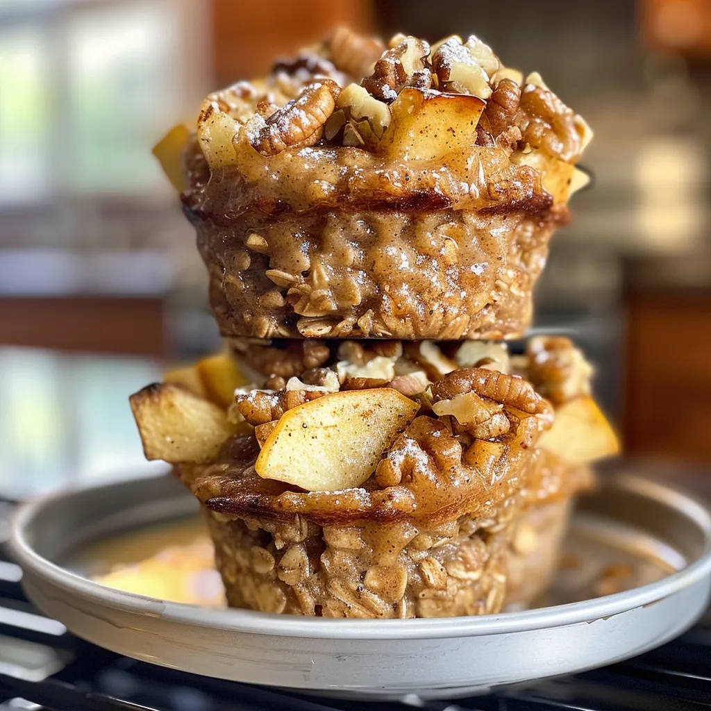 Close-up view of baked apple cinnamon oatmeal cups, highlighting their texture and ingredients.
