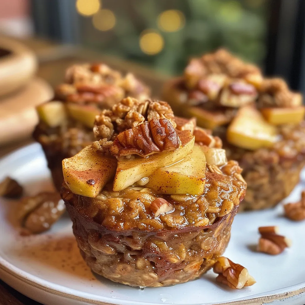 Side view of golden-brown baked oatmeal cups filled with chopped apples and cinnamon.