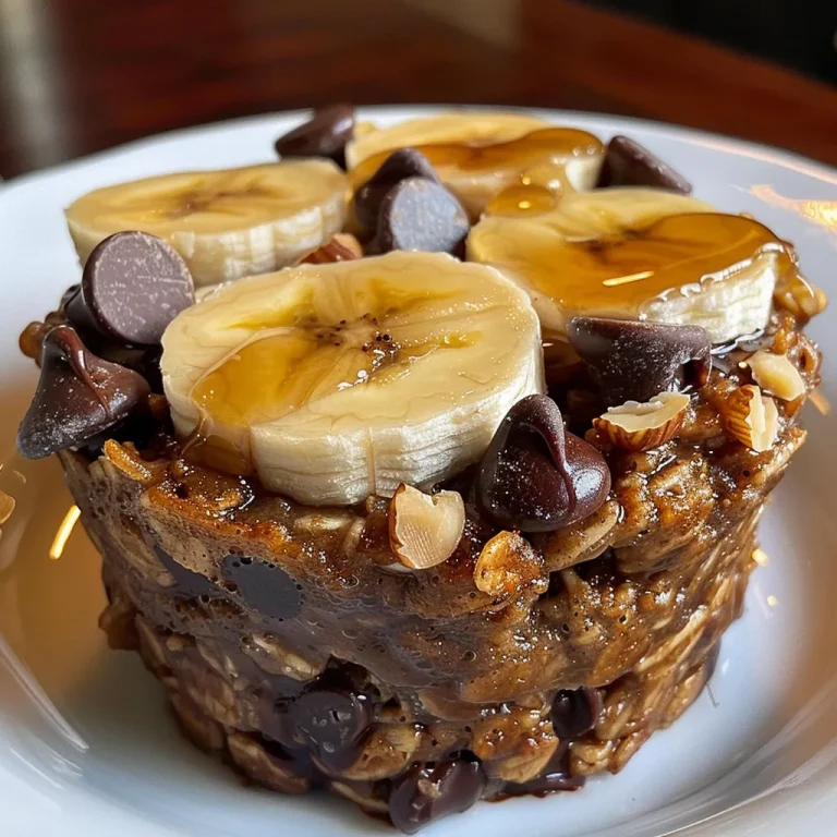 Close-up of a banana chocolate chip baked oatmeal cup on a wooden surface.