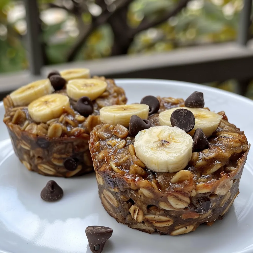 Side view of a baked oatmeal cup filled with banana and chocolate chips.