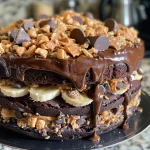 Close-up side view of a moist Banana Chocolate Peanut Butter Crunch Cake with a chocolate drizzle.