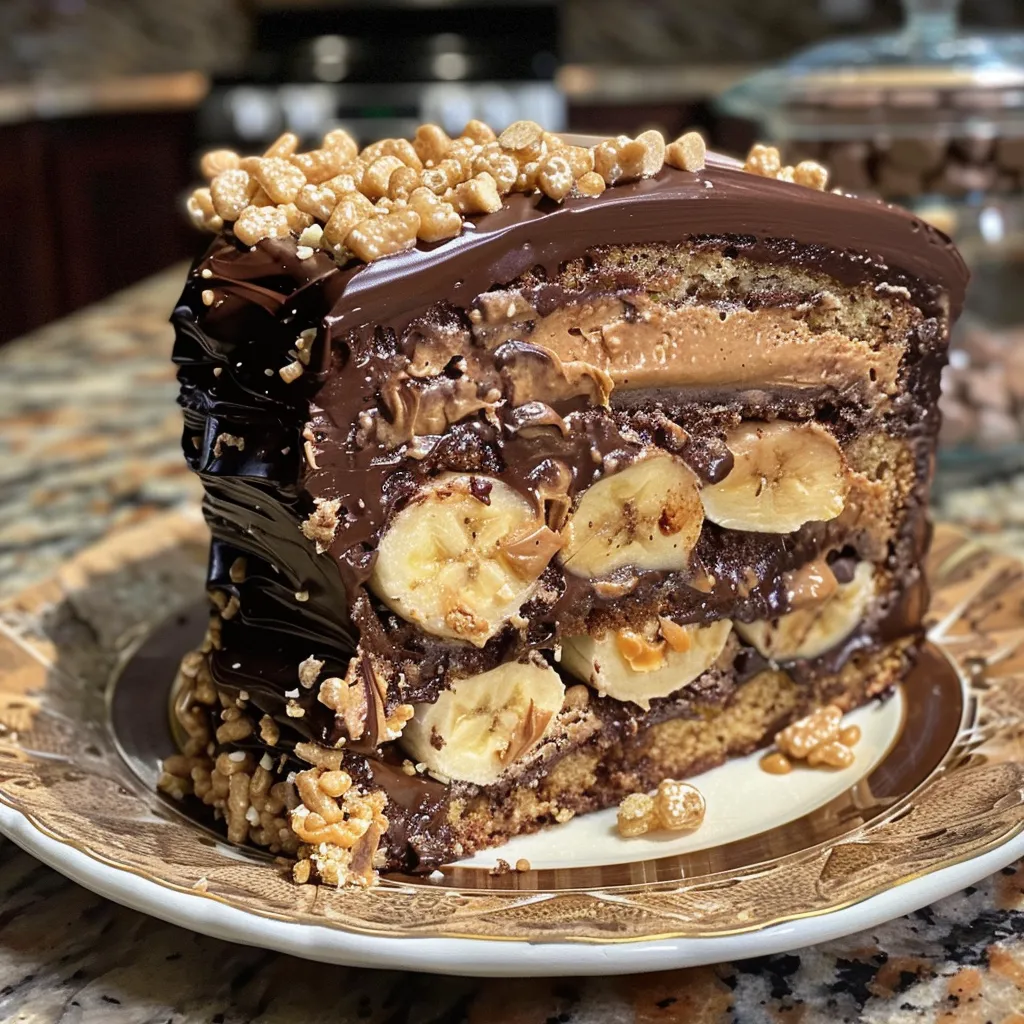 Side angle showing a layered Banana Chocolate Peanut Butter Crunch Cake topped with crunchy Cocoa Krispies.