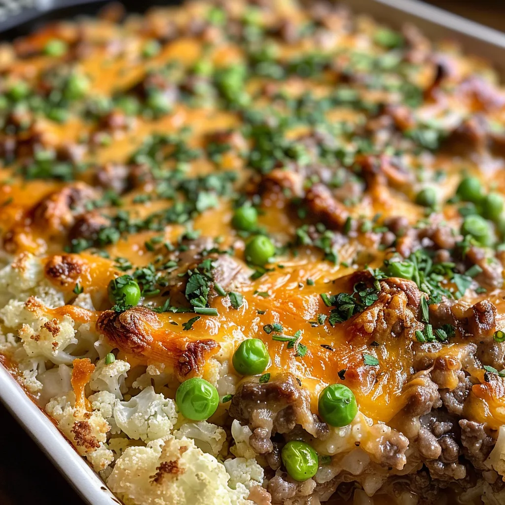 Side view of a delicious casserole featuring ground beef and cauliflower rice.