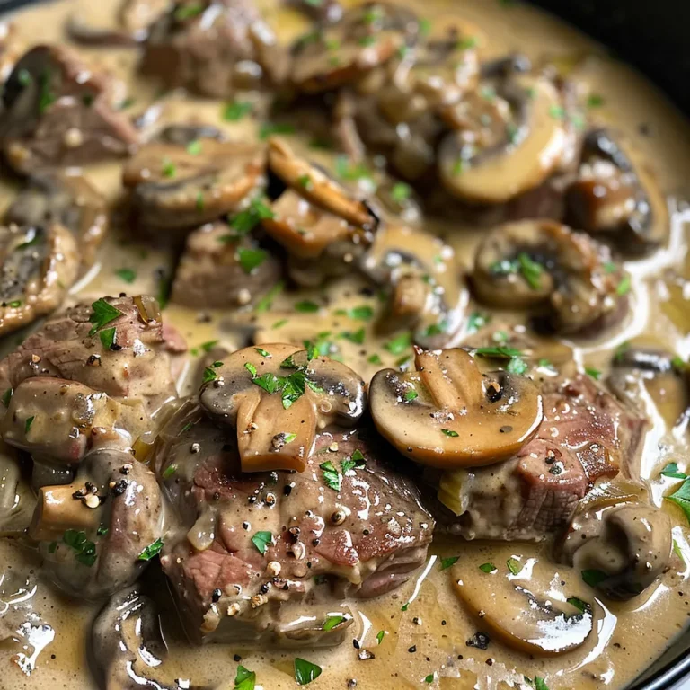 Savoring Comfort Crafting Beef in Creamy Mushroom Sauce with Love Close-up view of juicy beef in creamy mushroom sauce with mushrooms and garnishes.