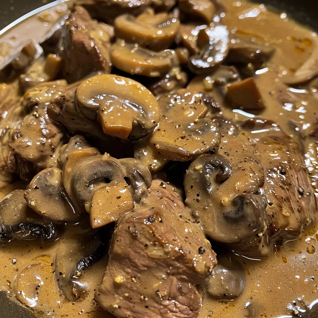 Side angle of tender beef pieces immersed in a rich creamy mushroom sauce.