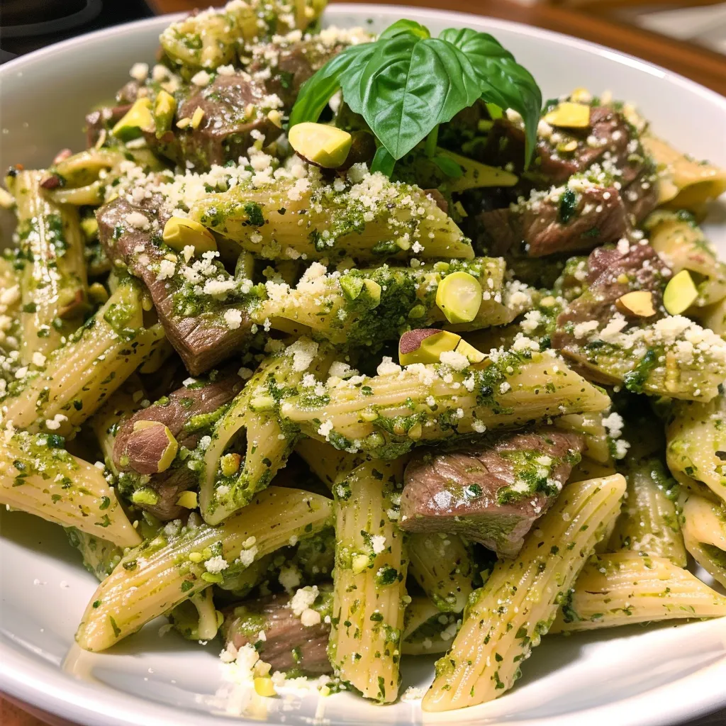 Juicy beef and penne pasta coated in a rich green pesto sauce, garnished with cheese and basil.
