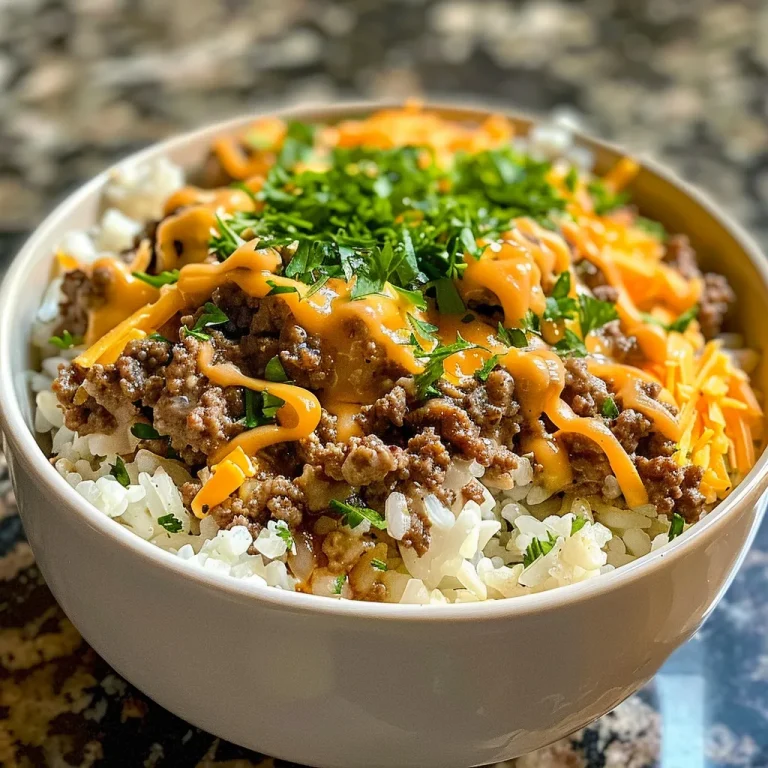 Savor the Comfort Whip Up a Beefy Garlic Butter Bowl Tonight! A close-up view of a Beefy Garlic Butter Bowl featuring ground beef, rice, and melted cheese.