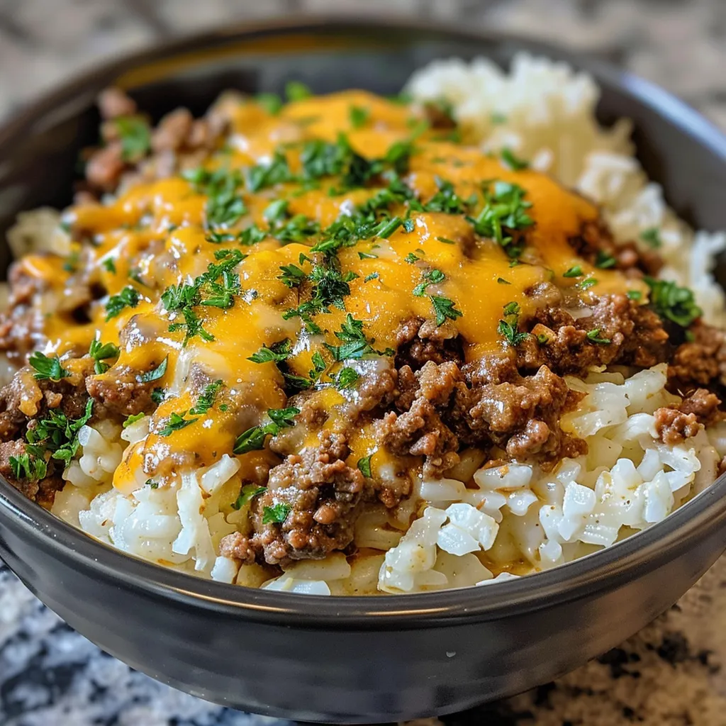 Side angle shot of a delicious Beefy Garlic Butter Bowl with rich butter and garlic sauce.