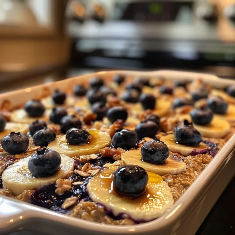 A close-up side view of Blueberry Baked Oatmeal, featuring juicy blueberries and a golden-brown top.